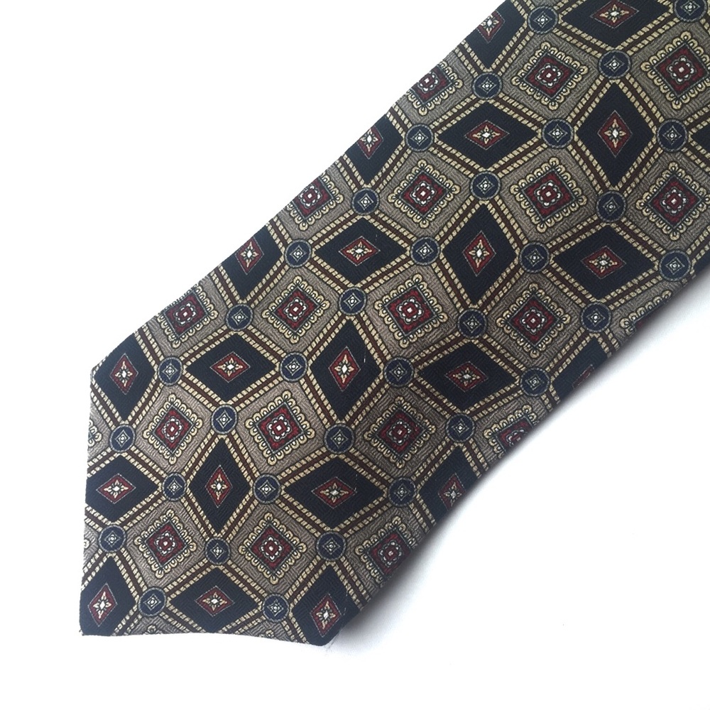 Vintage Classic Geoffrey Beene NY Silk Tie Taupe Navy Burgundy Diamonds